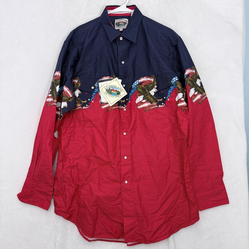 Vintage Cumberland Outfitters Shirt Mens L Red Pearl Snap Eagle USA Flag